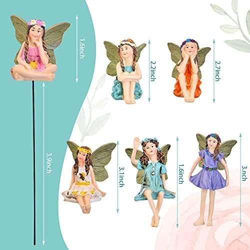 6 Miniature Fairy Figurines for Garden Outdoor, Resin Fairies with Sticks | Fairy Garden Accessories, Set of 6, Tiny Girl Sculptures, Plant Pot Decor, Lawn Ornaments, Indoor Outdoor Use