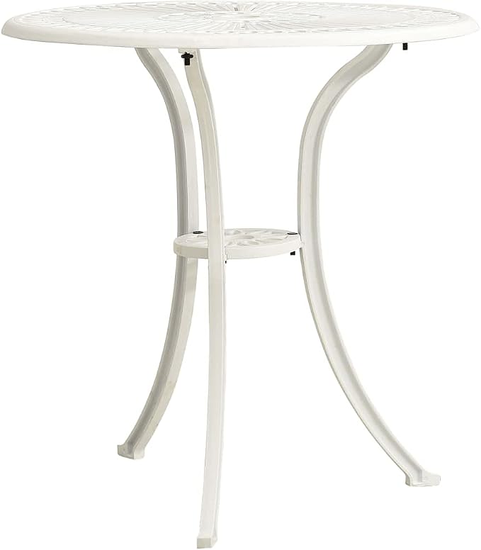 24" White Cast Aluminum Round Outdoor Dining Table, Matte Geometric Patio Side Coffee Table for Balcony Camping, Weather Resilient & UV Stable, Seats 2, for Garden Porch Deck
