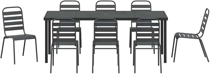 9 Piece Outdoor Garden Dining Set, Anthracite Powder-Coated Steel Patio Table and 8 Chairs, Industrial Metal Furniture for Backyard, Deck, and Lawn