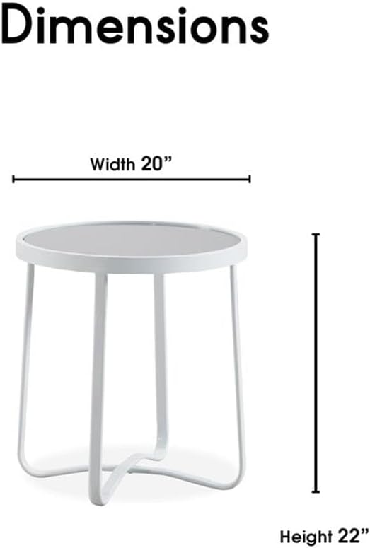 Afuera Living Modern Outdoor Side Table, 20 x 20 x 22 in, Metal Frame, French White Finish, Gray Tempered Glass Top, Sturdy Design, Contemporary Style, Perfect for Patio, Poolside, or Garden Use