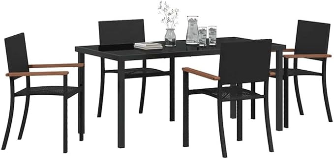 Afuera Living 5 Piece Poly Rattan Garden Dining Set, Black Finish, Powder-Coated Steel Frame with Acacia Wood Armrests, UV Resistant, Includes Seating for 4, Modern Outdoor Patio or Garden Furniture