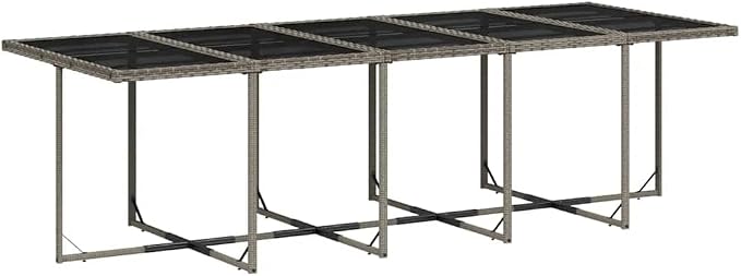 15 Piece Patio Dining Set with Cushions Gray Poly Rattan Outdoor Furniture Table and 14 Chairs for Backyard Garden Deck Entertaining UV Proof Glass Top