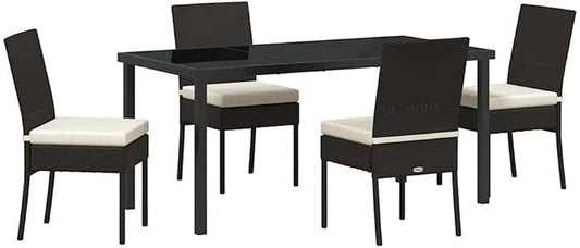 Afuera Living 5 Piece Poly Rattan Garden Dining Set, Black Finish, Powder-Coated Steel Frame, Durable UV-Resistant Materials, Removable Cushions, Modern Outdoor Patio or Garden Seating for 4