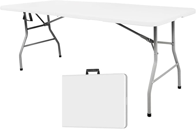 6ft Folding Table Portable Heavy Duty Plastic Utility Foldable Table Indoor Outdoor for Camping, Party with Handle, Lock - White