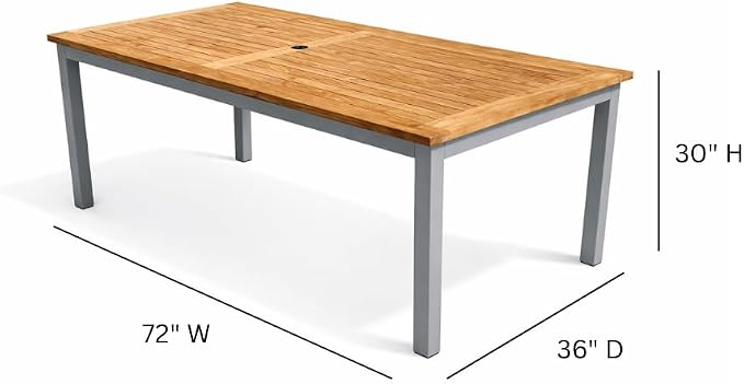 Hives & Honey Catalina Rectangular Outdoor Dining Table, Grade-A Teak Wood Patio Table with Aluminum Legs & Umbrella Hole, Seats 4–6, Grey