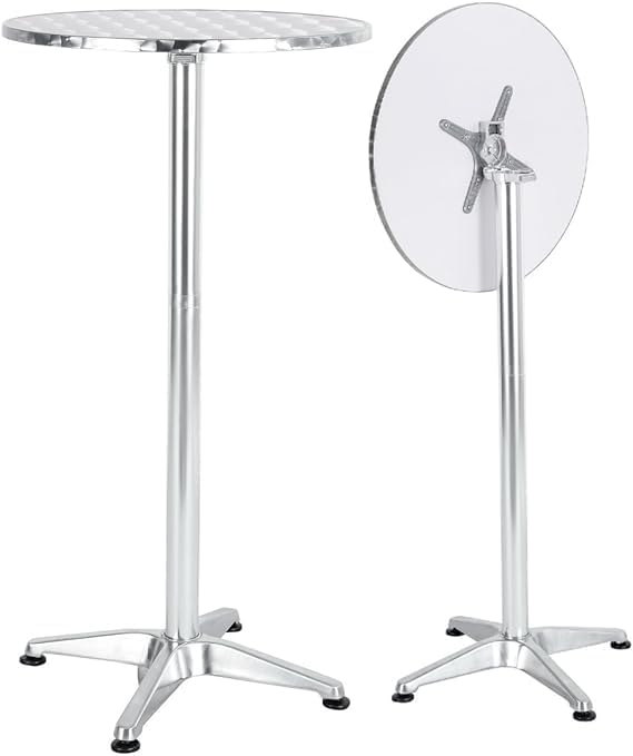 BTEXPERT Aluminum Indoor Outdoor 23.75" Round Restaurant Bar Height 45" Table flip top, Patio Stainless Steel Silver Furniture 25.75" Base