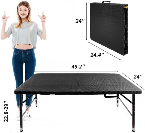 Rattan Folding Table 4ft Heavy-Duty Portable Outdoor Picnic Table for Party Dining Camping Tables with Handle(Black)