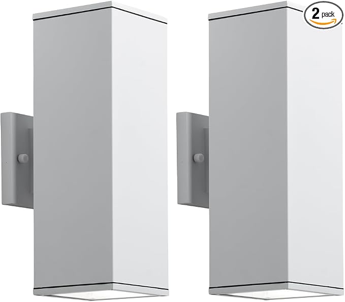 mirrea 14" Modern Outdoor Porch Light in 2 Lights, Matte White, 2 Pack | Patio wall sconce, aluminum rectangular tube, tempered glass, waterproof. Up & down lighting for outdoor wall mount fixture.