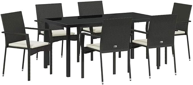 Afuera Living 7-Piece Poly Rattan Garden Dining Set, Black Finish, Cushioned Seating for 6, Tempered Glass Tabletop, Weather-Resistant Outdoor Furniture for Patio or Garden Dining and Entertaining