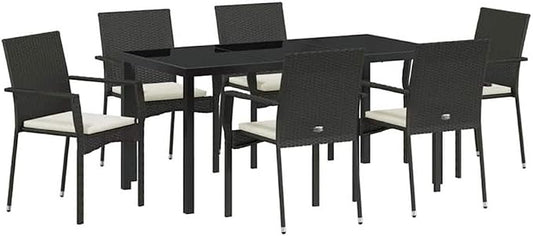 Afuera Living 7-Piece Poly Rattan Garden Dining Set, Black Finish, Cushioned Seating for 6, Tempered Glass Tabletop, Weather-Resistant Outdoor Furniture for Patio or Garden Dining and Entertaining