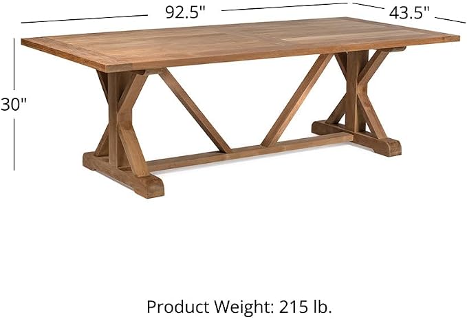 TITAN GREAT OUTDOORS Ash & Ember Savannah Grade A Teak 92.5" Farmhouse Dining Table, Weather Resistant Wood for Garden, Backyard, Patio Indoor Outdoor Patio Furniture, Solid Brass Hardware