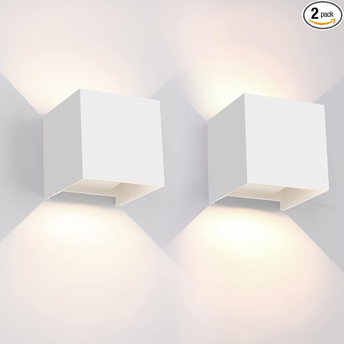 Mille Lucciole 12W 2Pack Outdoor Wall Lights Exterior/Interior,LED White Outdoor Wall Sconces Light Fixtures Modern,IP65 Waterproof Square Aluminum Wall Lamps, Up and Down Lights 4500K Natural Lights