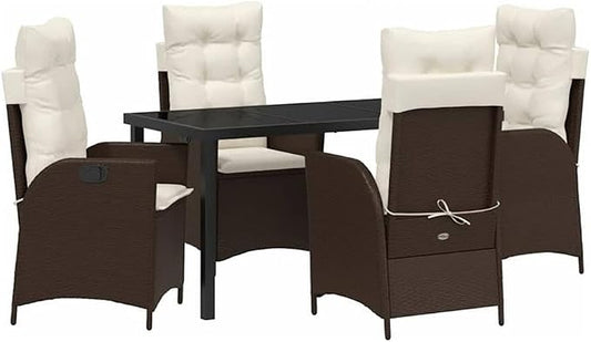 Afuera Living 5 Piece Poly Rattan Patio Dining Set, Black Finish with Cushions, Glass Tabletop, Steel Frame, Weather-Resistant Outdoor Furniture for Backyard, Porch, or Garden Dining, Seating for 4