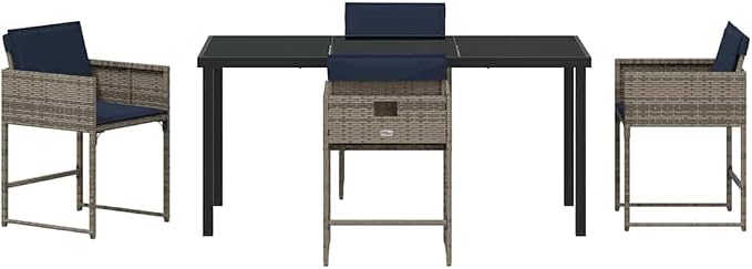 5 Piece Outdoor Garden Dining Set, Patio Furniture with Poly Rattan Chairs and Tempered Glass Table, Grey