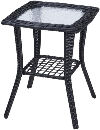Outdoor Wicker Side Table, Rattan End with Glass Top, Patio Coffee Bistro for Indoor Garden Porch Balcony (Black)