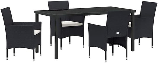 Afuera Living 5 Piece Patio Dining Set, Poly Rattan and Tempered Glass, Black Finish, Weather-Resistant Cushions, Powder-Coated Steel Frame, Modern Style Outdoor Furniture for Garden, Deck, or