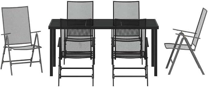 7 Piece Garden Dining Set, Anthracite Powder-Coated Steel Patio Furniture, Foldable Outdoor Table and 6 Chairs, Adjustable Height Dining Table for Backyard, Deck, and Lawn