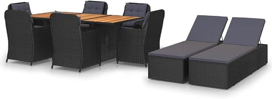 9pc Patio Dining Set Black/Dark Grey 78.7 Acacia Top PE Rattan Chairs 2 Sun Loungers Powder-Coated Steel Seats 8