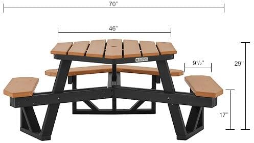 Global Industrial Outdoor 46" Hexagonal ADA Accessible Picnic Table with 3 Attached Benches, Recycled Plastic Construction, 1600 Lbs Weight Capacity, Cedar