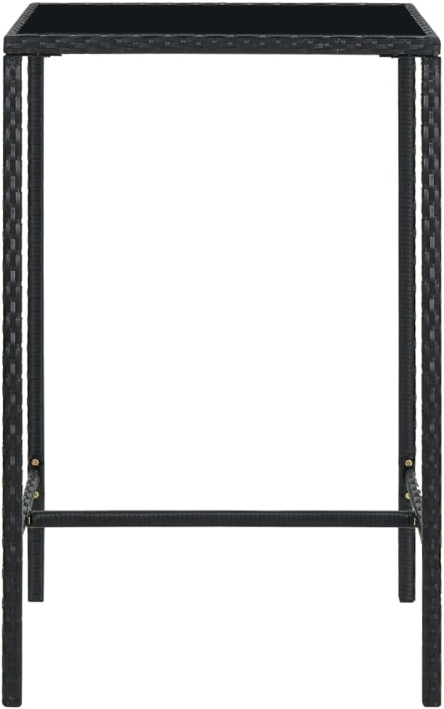27.6" Black Square Outdoor Bar Table, Tempered Glass, PE Rattan, Steel Frame, 43.3" H Balcony Garden Bistro
