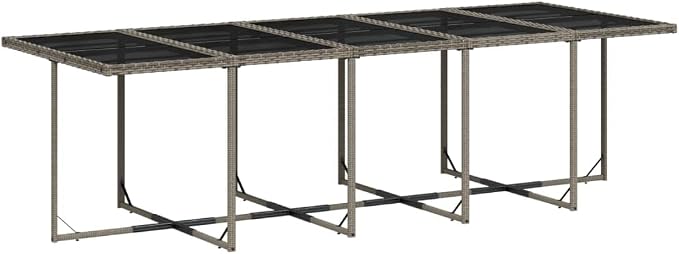 11 Piece Garden Dining Set with Cushions, Grey Poly Rattan Outdoor Patio Furniture for 10 People, Tempered Glass Table with Folding Chairs, UV-Resistant Weatherproof Dining Set 275 106 73 cm Table