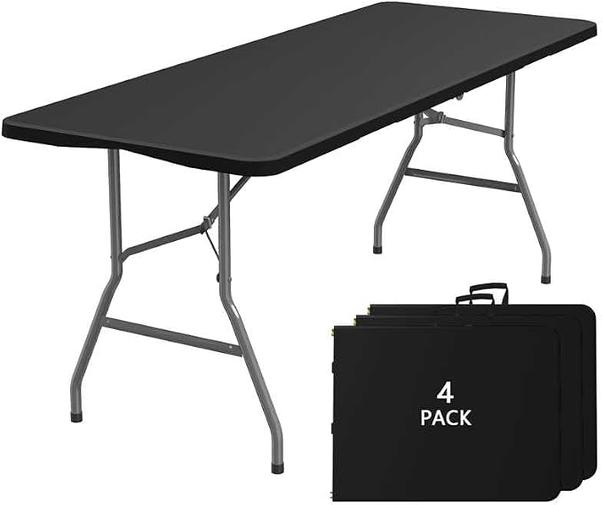 4PK Black Folding Table, 6FT Portable Plastic Folding Table, Foldable Dining Tables with Carrying Handle for Party, Picnic, Camping, Easy to Fold and Storage, for Indoor or Outdoor Use