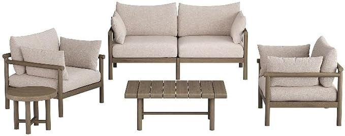 Modway Eleni 5-Piece Outdoor Teak Wood Patio Furniture Set in Weathered Gray Pebble – Backyard Conversation Set with Loveseat, 2 Armchairs, Side Table, and Coffee Table