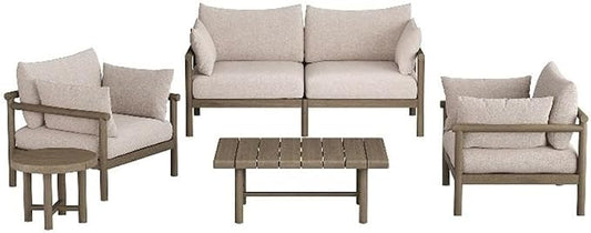 Modway Eleni 5-Piece Outdoor Teak Wood Patio Furniture Set in Weathered Gray Pebble – Backyard Conversation Set with Loveseat, 2 Armchairs, Side Table, and Coffee Table