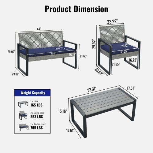 4-Piece Patio Furniture Set,Outdoor Wicker Conversation Sets with Wood Coffee Table,Heavy Duty PE Rattan Sectional Sofa Couch w/Washable Cushions for Backyard Balcony Porch Poolside (Vintage Gray)