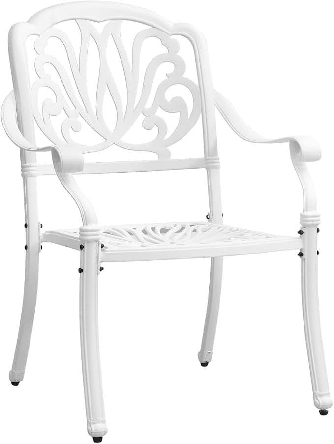 7 Piece Patio Dining Set, White Cast Aluminum Outdoor Table and 6 Chairs for Backyard, Garden and Lawn, 59-Inch Rectangular Dining Table with Umbrella Hole