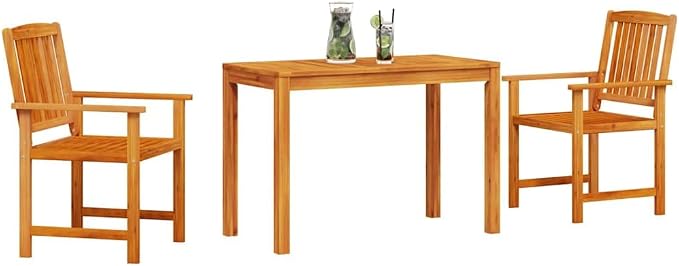 Garden Dining Set 3 pcs Brown Solid Acacia Wood Modern Outdoor Patio Table and Chairs Bistro Set 43"x22"x30" for Backyard Balcony Small Spaces