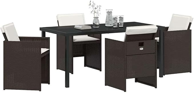 Afuera Living 5 Piece Poly Rattan Patio Dining Set, Brown Finish, Tempered Glass Tabletop, Weather-Resistant Cushions, Powder-Coated Steel Legs, Modern Outdoor Garden Furniture for 4-Person Seating