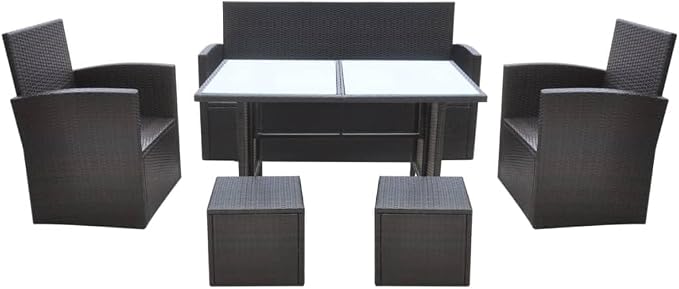 6-Piece Outdoor Dining Set, 7-Person PE Rattan Patio Furniture Set with Rectangular Frosted Glass Table and Cushions, Brown Wicker Sectional for Garden and Terrace