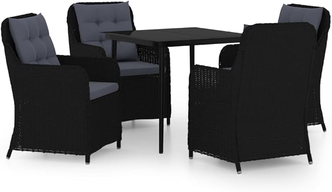 5 Piece Patio Dining Set Black Outdoor Rattan Furniture with Cushions Glass Table Steel Frame Weatherproof for Garden Backyard Deck Entertaining