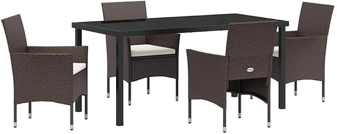Afuera Living 5 Piece Poly Rattan Patio Dining Set, Brown Finish, Powder-Coated Steel Frame, Tempered Glass Table, Weather-Resistant Cushions, Modern Outdoor Seating for Patio, Deck, or Garden