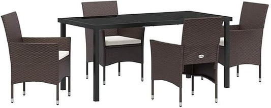 Afuera Living 5 Piece Poly Rattan Patio Dining Set, Brown Finish, Powder-Coated Steel Frame, Tempered Glass Table, Weather-Resistant Cushions, Modern Outdoor Seating for Patio, Deck, or Garden