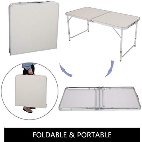 Aluminum Folding Table 4 Foot, Adjustable Height Lightweight Portable Camping Table for Picnic Beach Outdoor Indoor, White 120 x 60 x 70 4Ft
