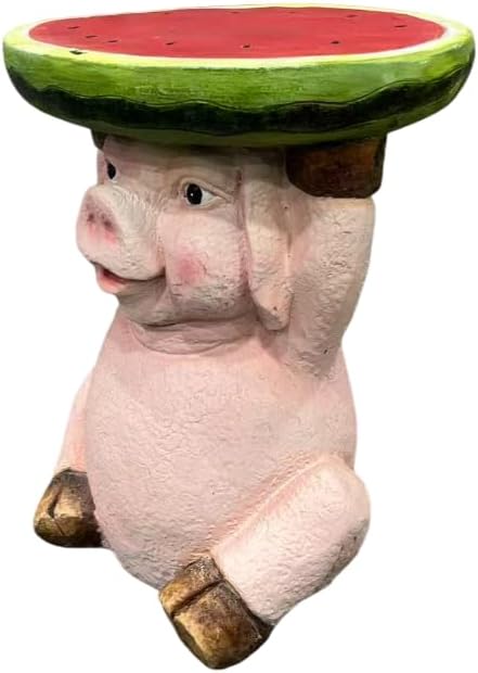13.4" Cute Pig Side Table w/ Watermelon Top, Resin Plant Stand, Pink+Red | Multi-Functional End Table for Home Garden Patio, Weather-Resistant, Fun Novelty Decor Accent