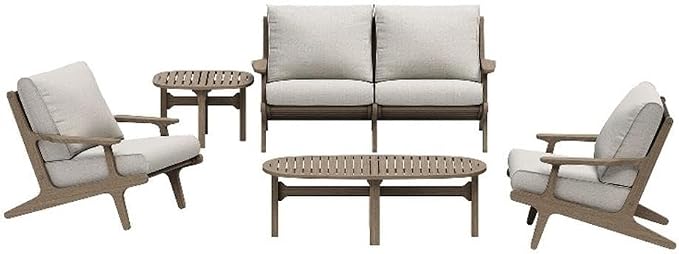 Modway Saratoga 5-Piece Teak Wood Outdoor Furniture Set in Weathered Gray Pebble - Patio Conversation Set with Loveseat, 2 Armchairs, Side Table and Coffee Table