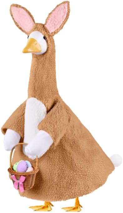 Easter Bunny Goose Outfit for 23" Porch Goose Holiday Brown Bunny Costume with Brown Basket Easter Party Outdoor Garden Patio Yard Lawn Art Decoration