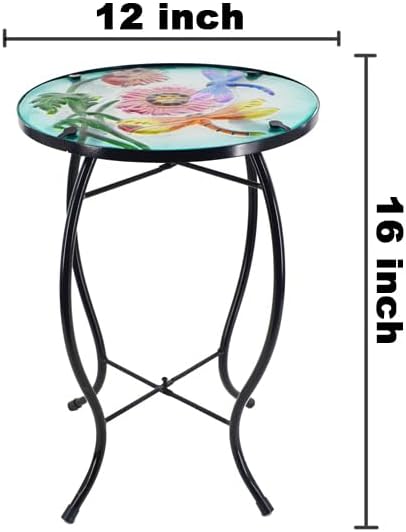 12 Inch Round Dragonfly Glass Side Table, Patio Small Table, Outdoor Side Table, Outdoor Bar Table, Metal Glass End Table for Porch Garden Patio Pool Living Room