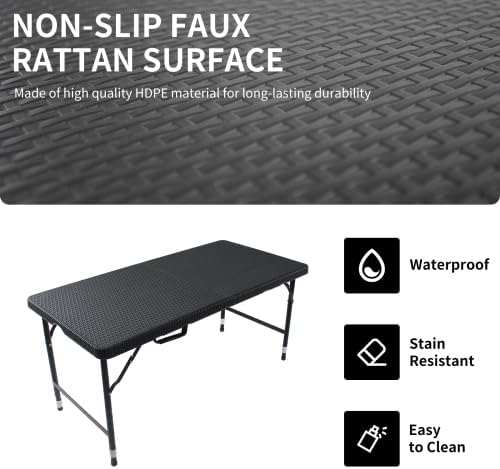 Rattan Folding Table 4ft Heavy-Duty Portable Outdoor Picnic Table for Party Dining Camping Tables with Handle(Black)