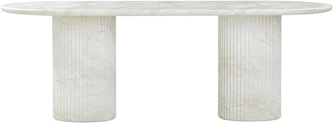 Pemberly Row Indoor/Outdoor Dining Table, 86.3"x39.5"x30.2", Durable Concrete, White Marble Pattern, Seats 6, Handmade, Sleek Tapered Edges, Patio or Dining Room Table