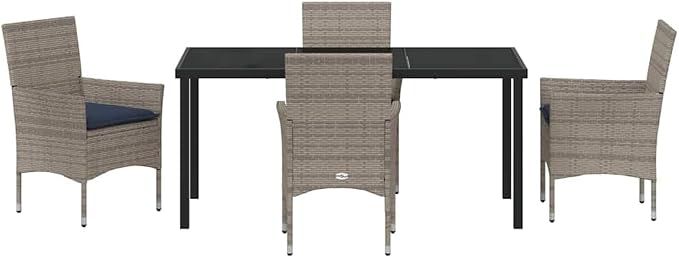 5 Piece Outdoor Dining Set, Grey PE Rattan Patio Furniture Table and Chair Set with Tempered Glass Tabletop and Cushions for Garden Backyard Deck