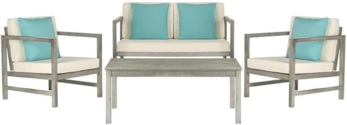 SAFAVIEH Outdoor Collection Montez Grey Wash/ White Cushions/ Light Blue 4-Piece Conversation Patio Set