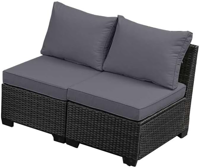 Outdoor Wicker Armless Sofa 2 Pack, Patio Rattan Sectional Sofa Set with Thick Seat Cushions and 2 Back Cushions for Garden, Backyard, Poolside Gray