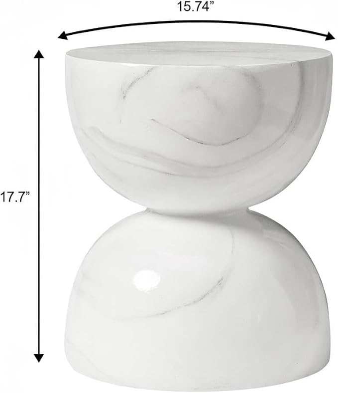 LeisureMod Minimalist Side Table, Fiber Stone Round Hourglass Accent End Table Stool for Outdoor Patio, Indoor Home, Living Room Sofa, Weather-Resistant, Sage Series in Marble White