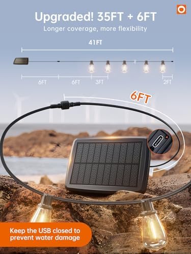 addlon 35FT Solar String Lights Outdoor, IP54 Waterproof Solar Powered with Remote & USB Port, 10+1 LED Shatterproof Bulbs, Dimmable Solar Light Outdoor for Camping Backyard Bistro Porch (Pack of 2)