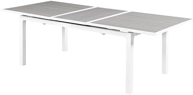 Pemberly Row Outdoor Extendable Patio Dining Table, 100.5" x 39" x 30", Gray Plastic Wood and White Aluminum, Contemporary Design, Includes Attachable Leaf, Ideal for Outdoor Entertaining