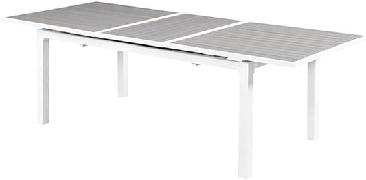 Pemberly Row Outdoor Extendable Patio Dining Table, 100.5" x 39" x 30", Gray Plastic Wood and White Aluminum, Contemporary Design, Includes Attachable Leaf, Ideal for Outdoor Entertaining